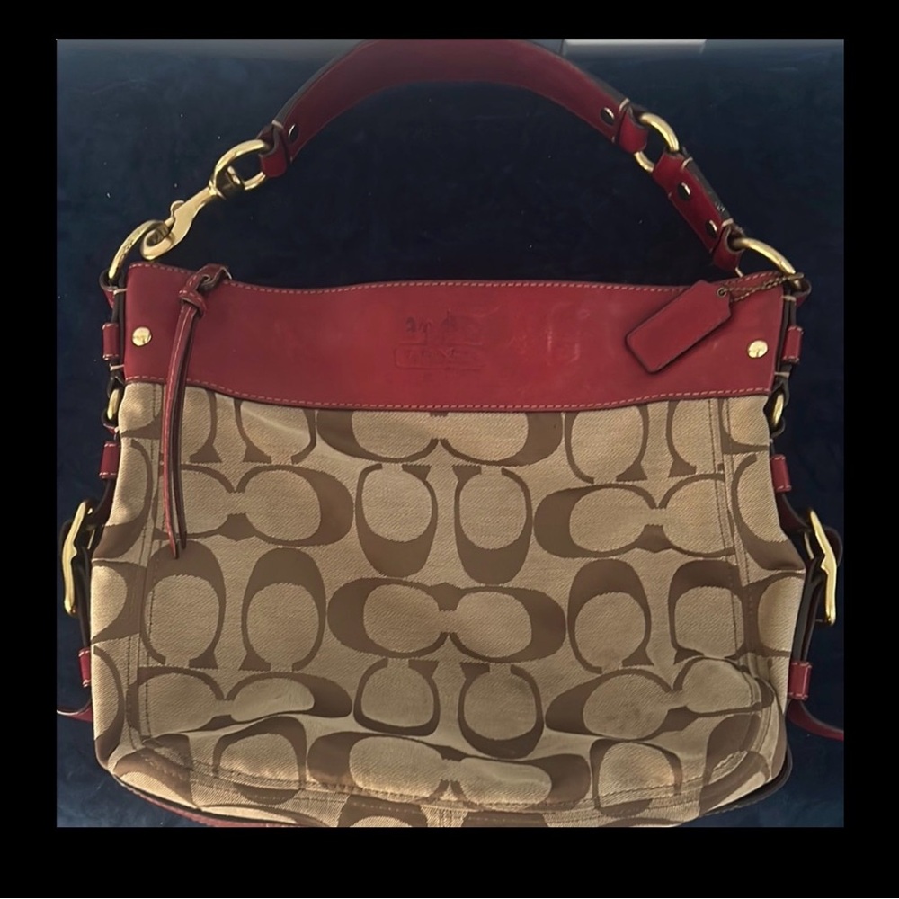 Vintage Coach red leather tan/brown canvas purse with gold metal